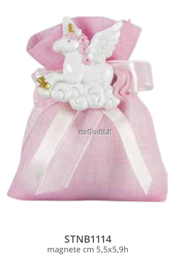 Sacchetto confetti nascita battesimo rosa in tessuto unicorno