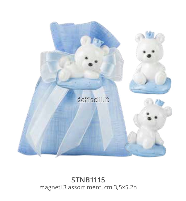 Sacchetto confetti nascita battesimo azzurro in tessuto magnete orsetto