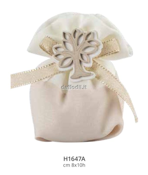 Sacchetto confetti nozze Harmony sacchetto cotone bicolore bianco/crema con albero vita