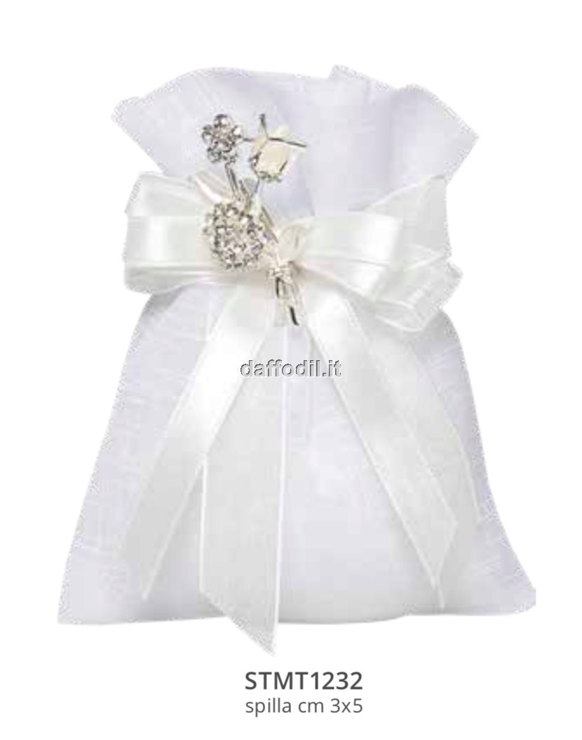 Harmony sacchetto tipo lino bianco spilla tralcio fiore